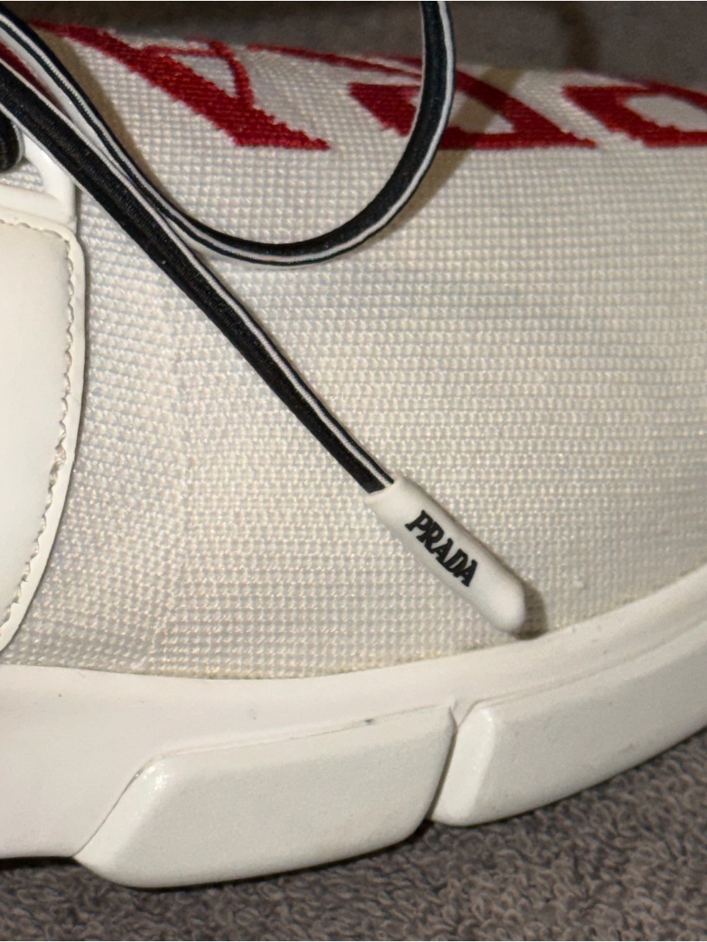 Prada White Knit Sneakers with Red Logo - Picture 2 of 7